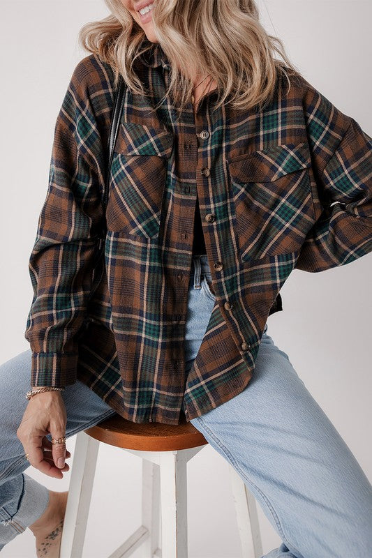 Autumn Leaves Plaid Print Button Down Shacket