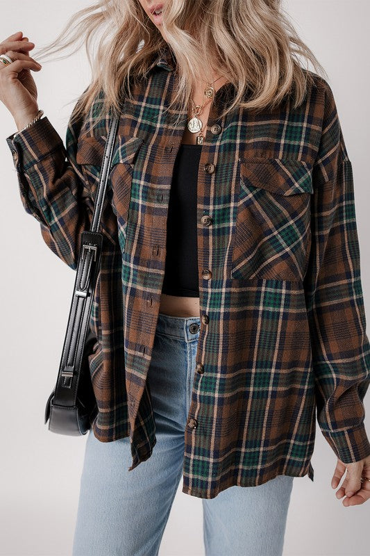 Autumn Leaves Plaid Print Button Down Shacket