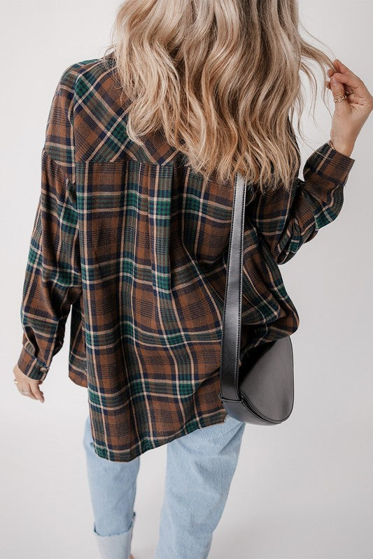 Autumn Leaves Plaid Print Button Down Shacket