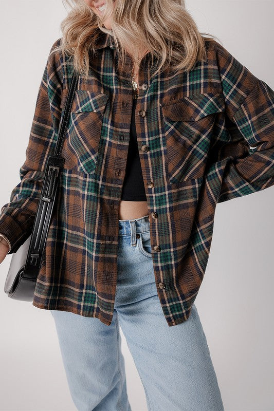 Autumn Leaves Plaid Print Button Down Shacket